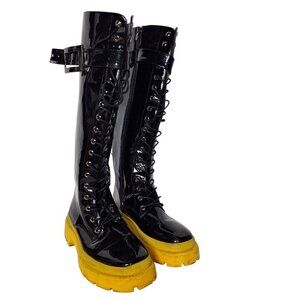 Ocho Toros Black Patent Leather Lace Up Platform Boots Yellow Soles Gothic 7.5 M